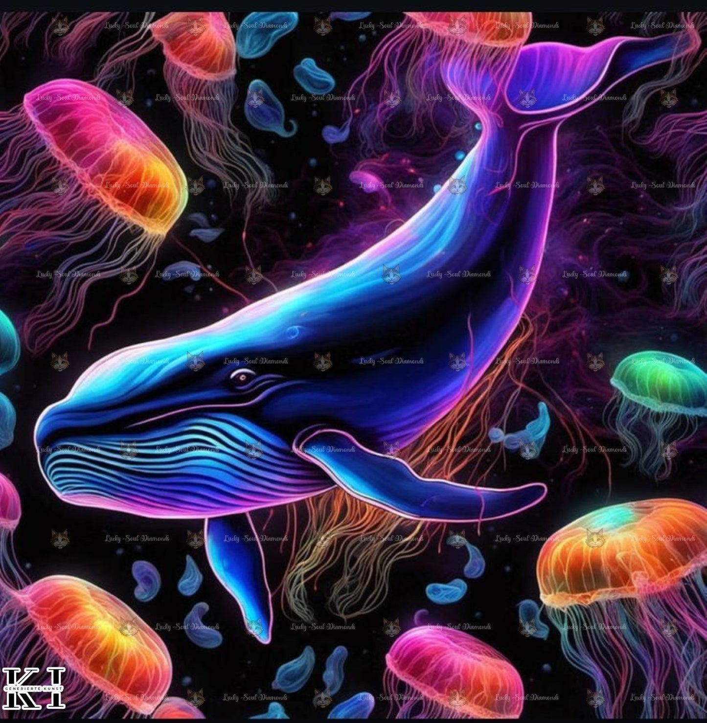 Meeresleuchten - Majestätischer Wal in Neonfarben schwimmt umgeben von leuchtenden Quallen tief im Ozean