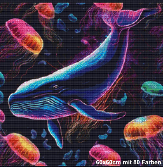 Meeresleuchten - Majestätischer Wal in Neonfarben schwimmt umgeben von leuchtenden Quallen tief im Ozean