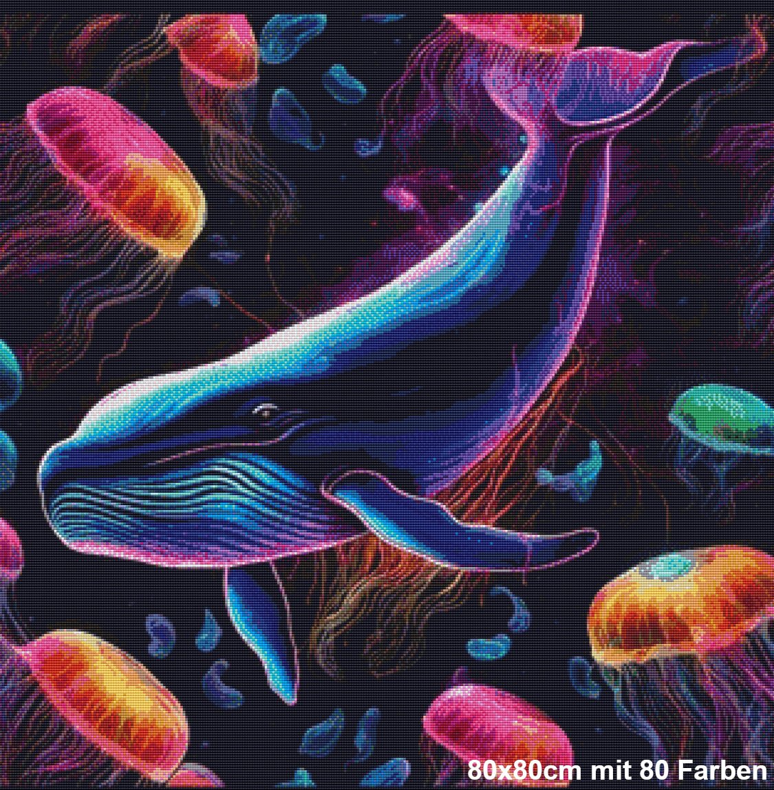 Meeresleuchten - Majestätischer Wal in Neonfarben schwimmt umgeben von leuchtenden Quallen tief im Ozean